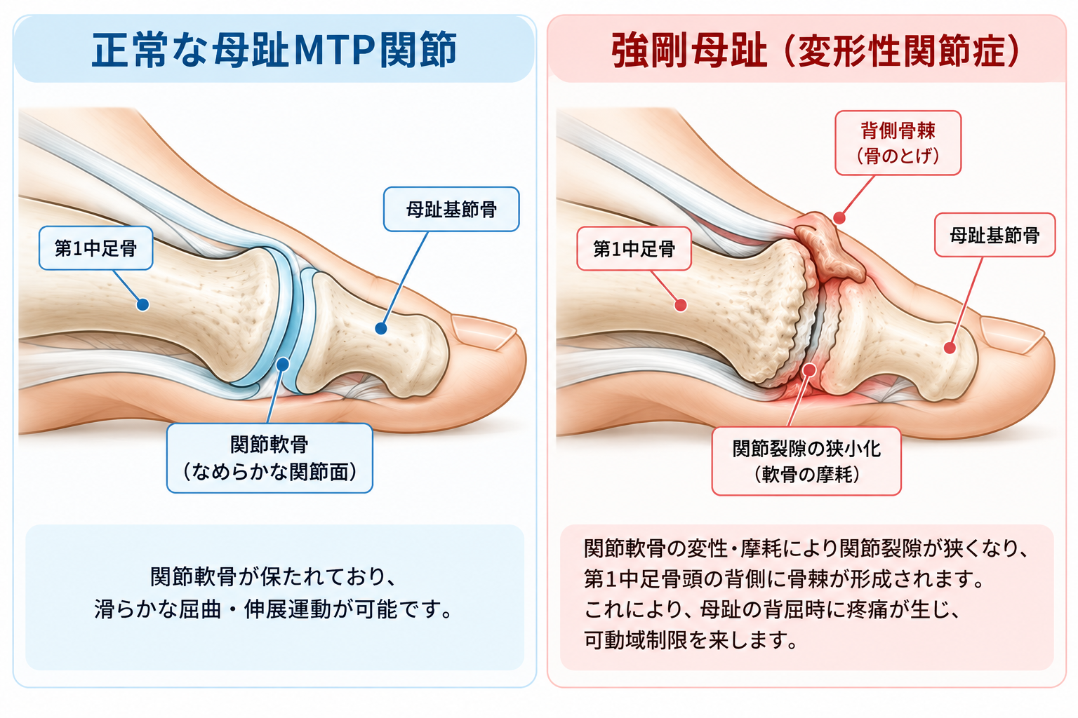正常な母趾MTP関節と強剛母趾の比較