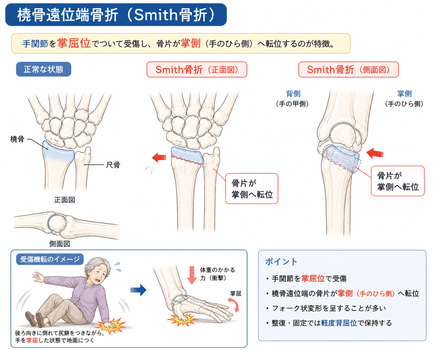 Smith骨折の骨片は掌側に転位しやすい